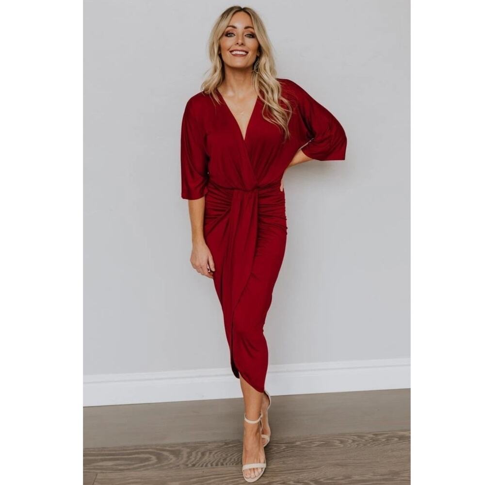 NWT Baltic Born Women 1X Mimi Midi Dress Red Ruched V Neck Dolman Draped Bodycon